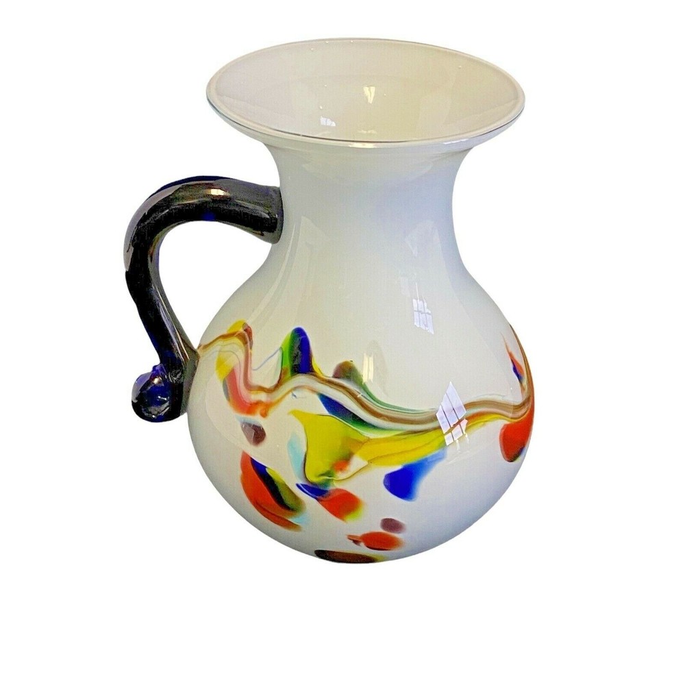 Blown Glass Vase Pitcher White Multi Color Abstract Swirls Cobalt Blue Handle